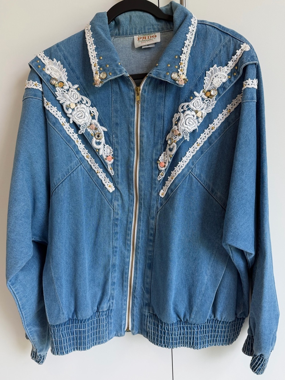 Vintage PADO Embellished Denim Jacket USA Made Large Boho Western Lace Studded - Picture 3 of 9